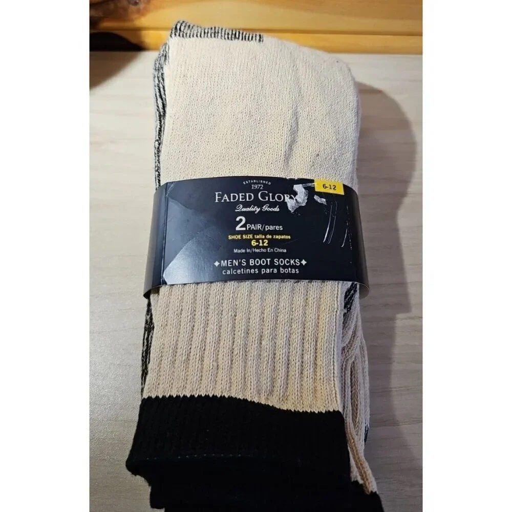 2 PAIR Men's Creme w/ Black Trim Faded Glory Boot Socks SIZE 6-12